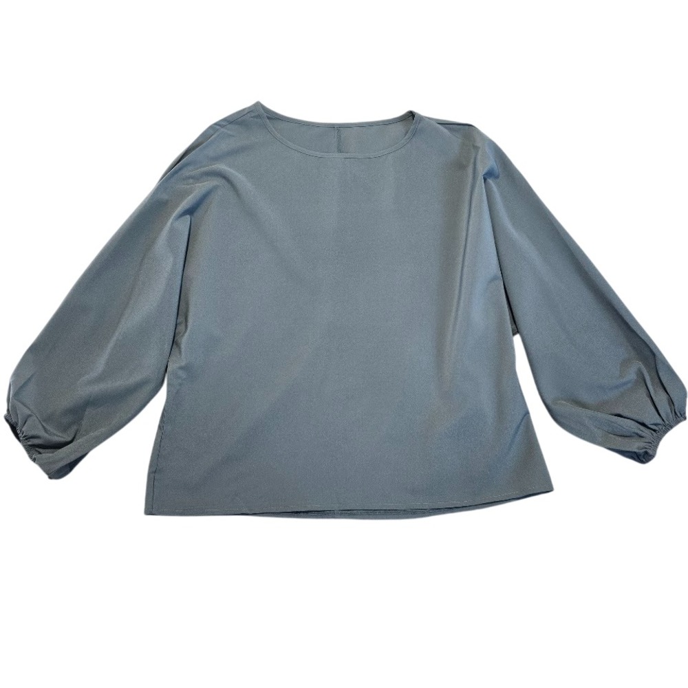 Womens Stormy Blue Satin Boxy Blouse L 3/4‎ Balloon Sleeve Career Tunic Flowy